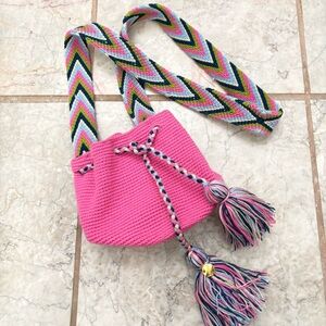 Lombia Wayuu Mochila Pink Crochet Crossbody Bucket Bag